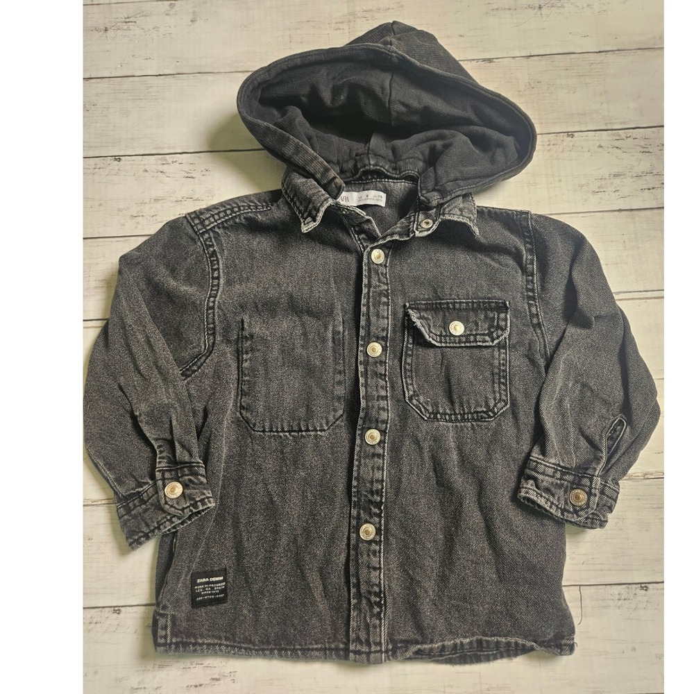 Zara Denim Hooded Shirt Jacket Kids Size 6 Washed Black Grey Button Down Hoodie